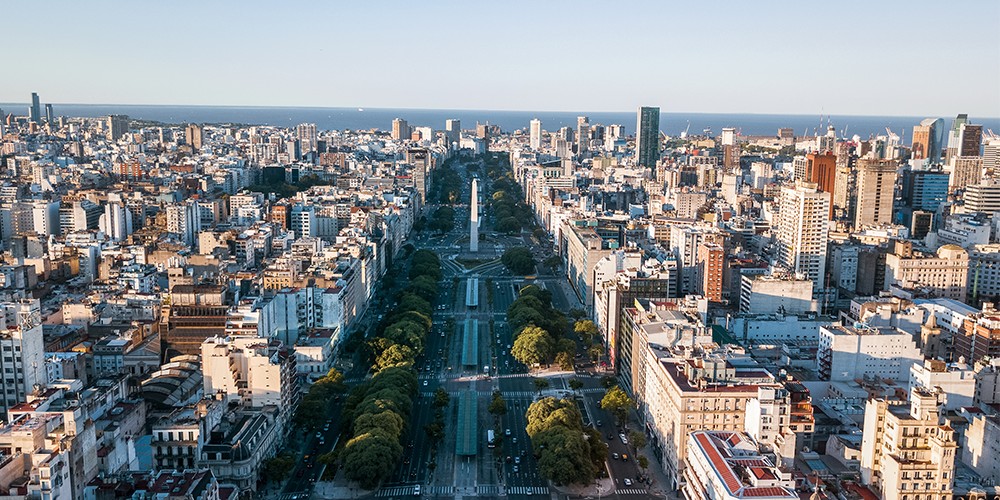 Aerial view of Buenos Aires with the Obelisk and 9 de Julio avenue stretching toward the river