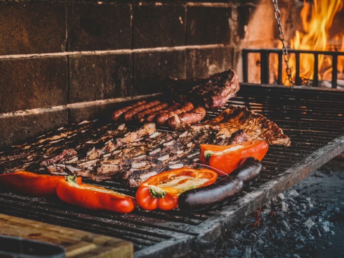 Asado of ribs, sausages and peppers grilling over embers