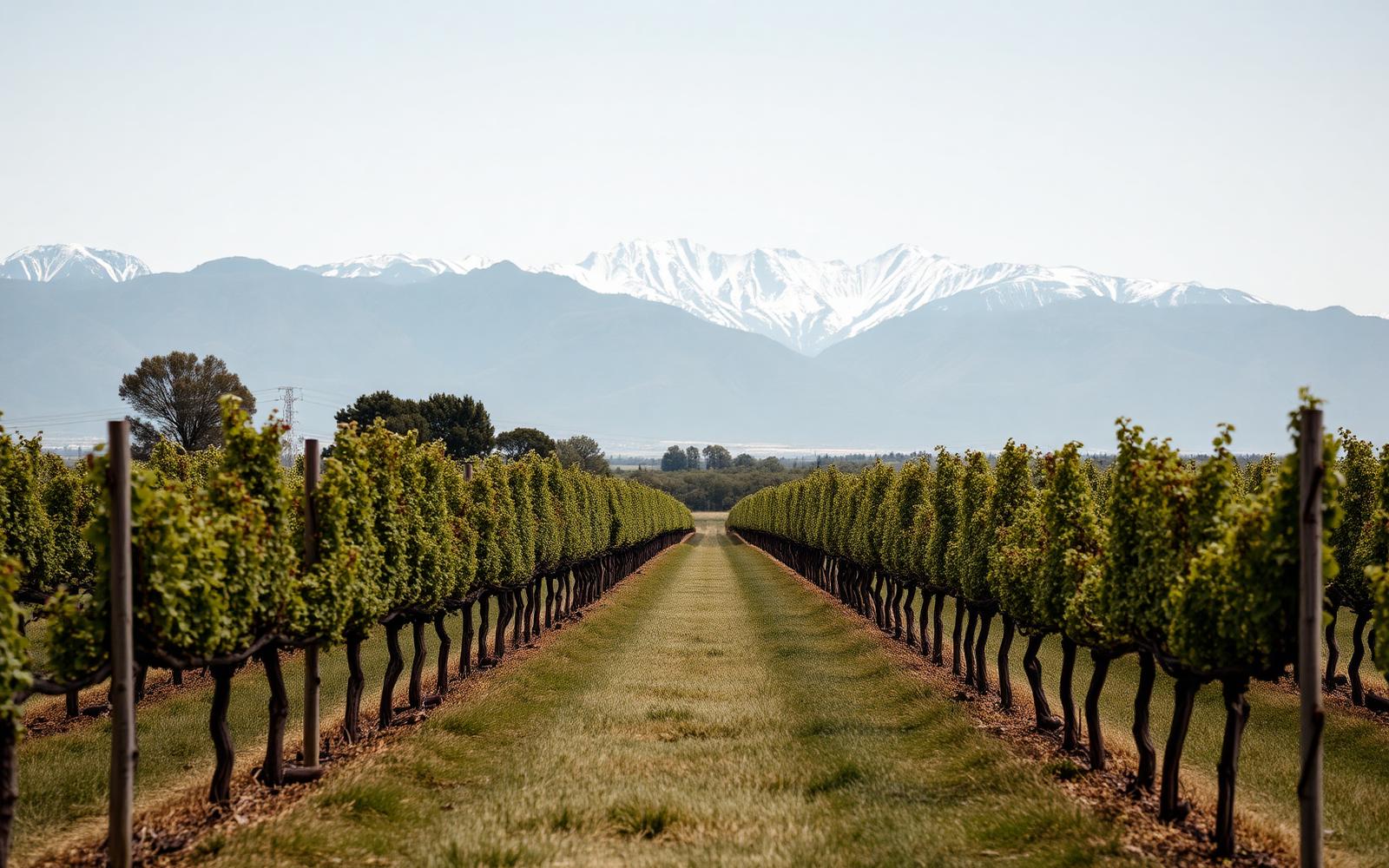 Mendoza vineyard rows with the snow-capped Andes behind